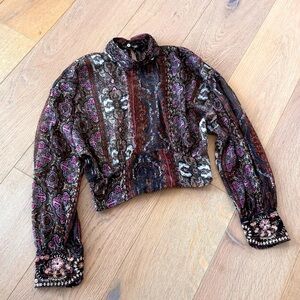 Zara Sheer Crop Top Embroidered Sequin Boho Peasant Small
